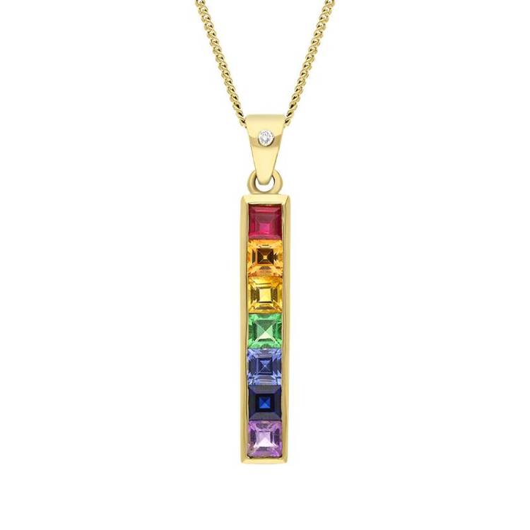 18ct Yellow Gold Rainbow Sapphire Diamond Bar Necklace - Option1 Value Yellow Gold