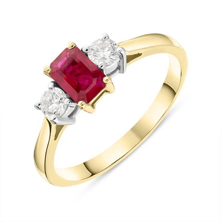 18ct Yellow Gold Ruby Diamond Trilogy Ring - Yellow Gold