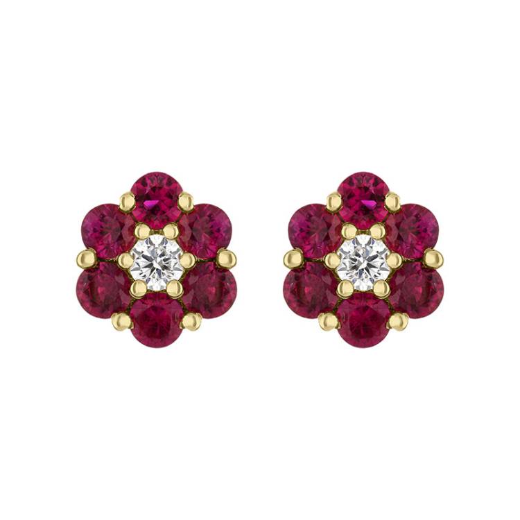 18ct Yellow Gold Ruby Diamond Cluster Earrings
