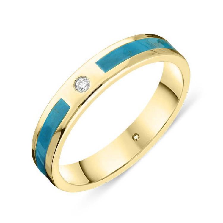 18ct Yellow Gold Turquoise Diamond 4mm Patterned Wedding Band Ring - Gold