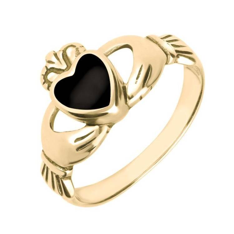 18ct Yellow Gold Whitby Jet Claddagh Set Ring