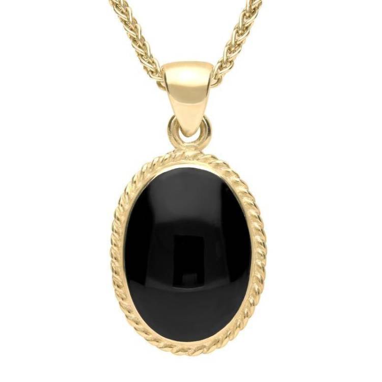 18ct Yellow Gold Whitby Jet Heritage Rope Edge Medium Oval Pendant
