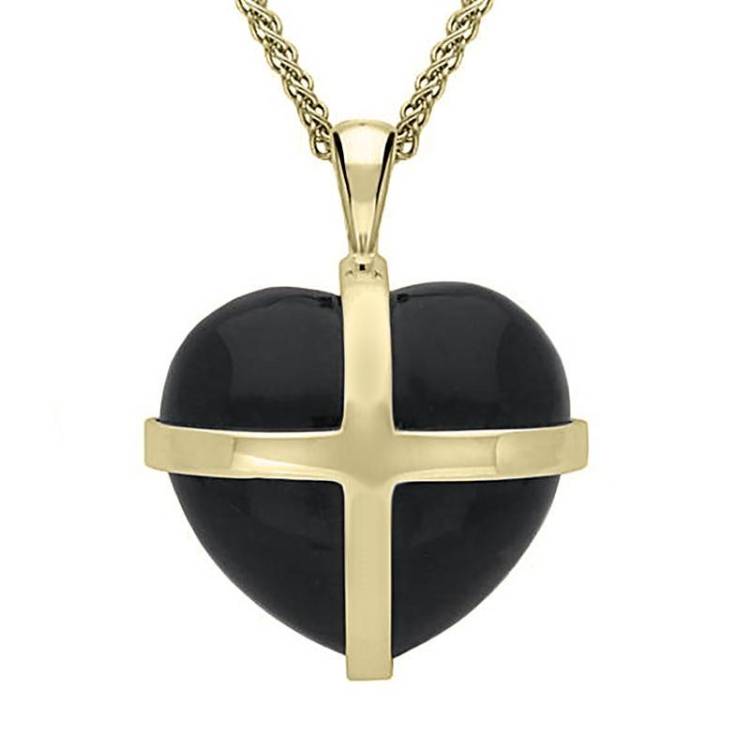 18ct Yellow Gold Whitby Jet Large Cross Heart Necklace - Gold