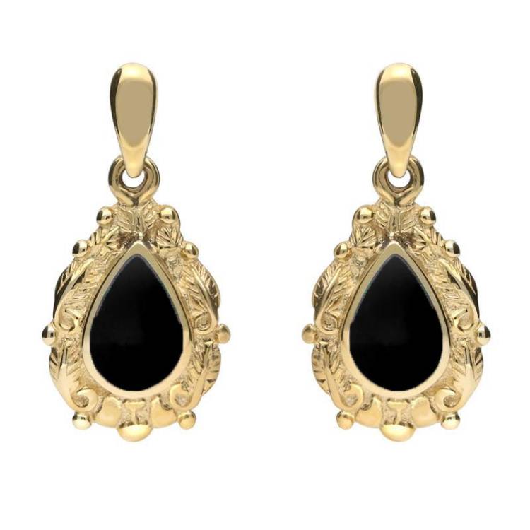 18ct Yellow Gold Whitby Jet Pear Shaped Leaf Drop Earrings - Yellow Gold