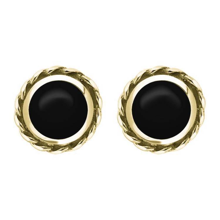 18ct Yellow Gold Whitby Jet Round Twist Edge Stud Earrings