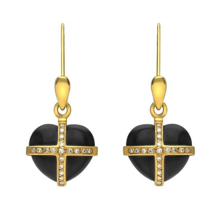 18ct Yellow Gold Whitby Jet Small Cross Heart Drop Earrings - Option1 Value Yellow Gold