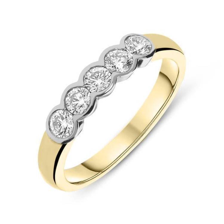 18ct Yellow Gold 0.75ct Diamond Five Stone Wedding Half Eternity Ring - M