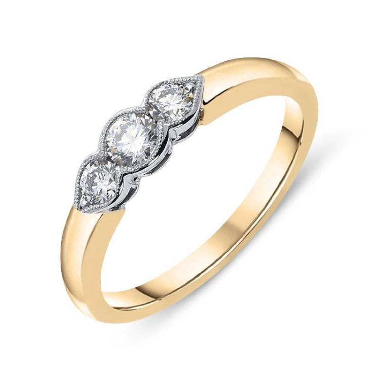 18ct Rose Gold 0.44ct Diamond Millgrain Trilogy Ring - L 1/2