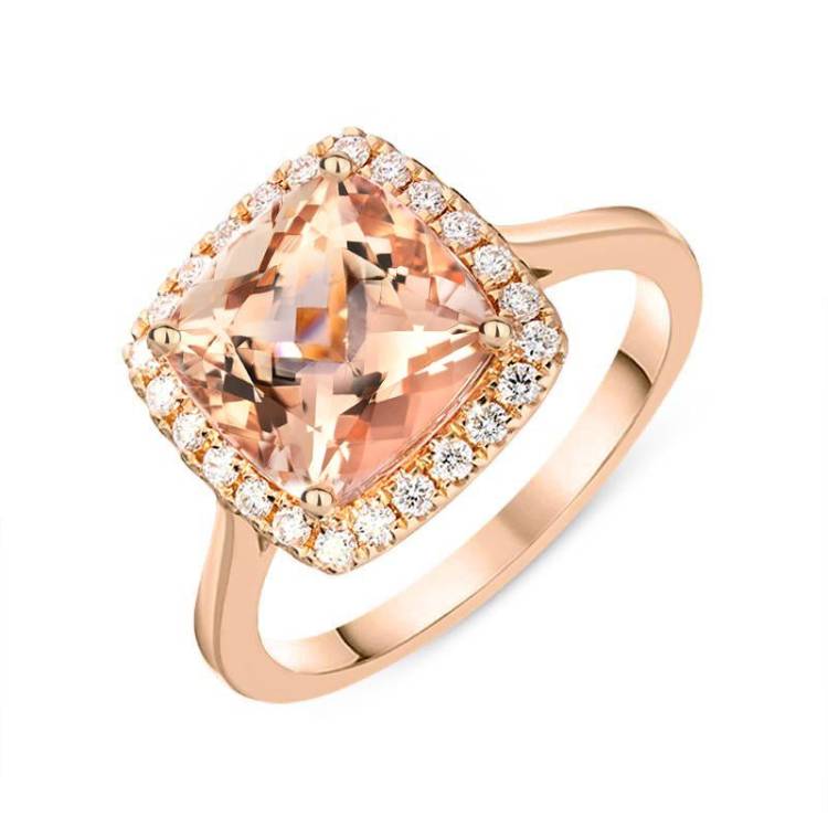 18ct Rose Gold 3.22ct Morganite Diamond Cushion Cut Ring - N
