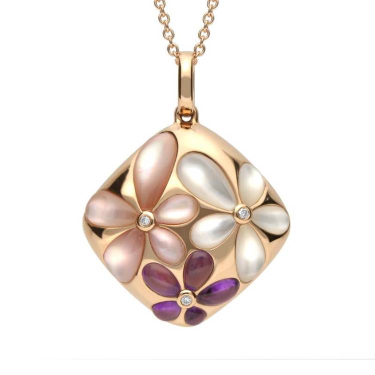 18ct Rose Gold Amethyst Mother of Pearl 0.02 Carat Diamond Necklace - Option1 Value Rose Gold