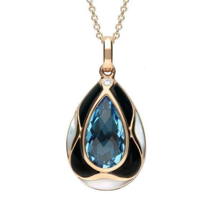 18ct Rose Gold Diamond Whitby Jet Blue Topaz Pear Necklace - Rose Gold