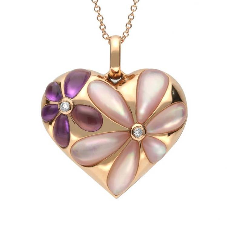 18ct Rose Gold Mother of Pearl Diamond Amethyst Heart Flower Necklace - Option1 Value Rose Gold