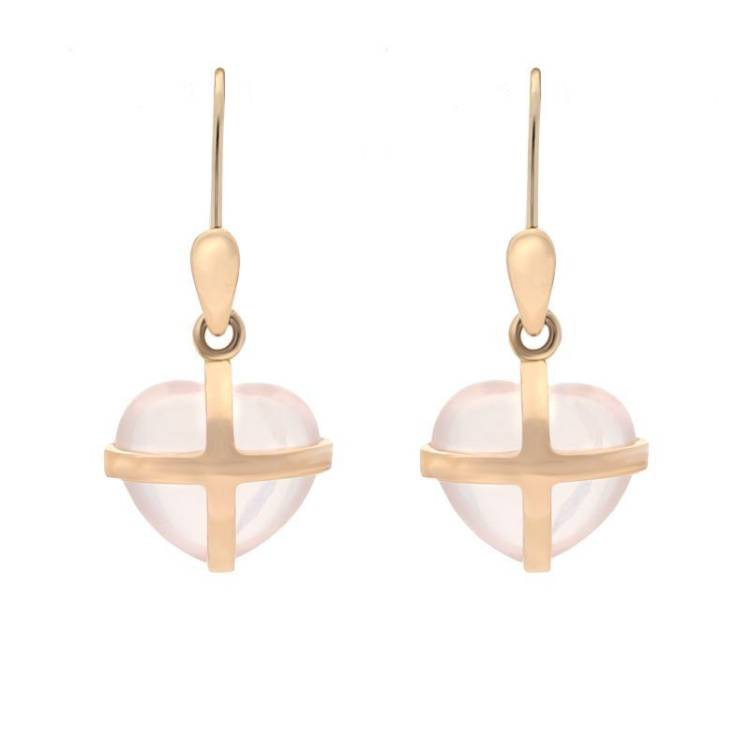 18ct Rose Gold Rose Quartz Small Cross Heart Drop Earrings - Option1 Value Rose Gold