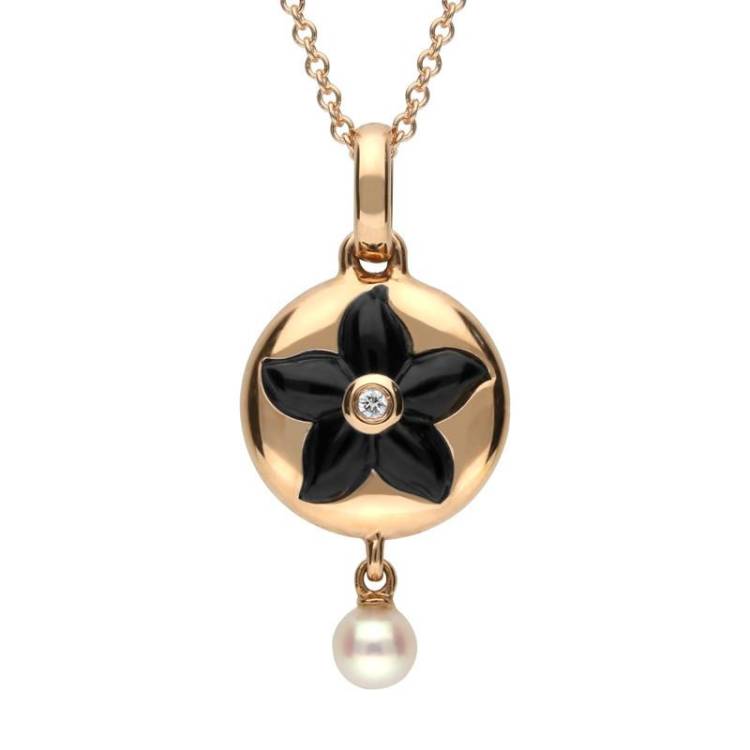 18ct Rose Gold Whitby Jet Diamond Flower Necklace - Option1 Value Rose Gold