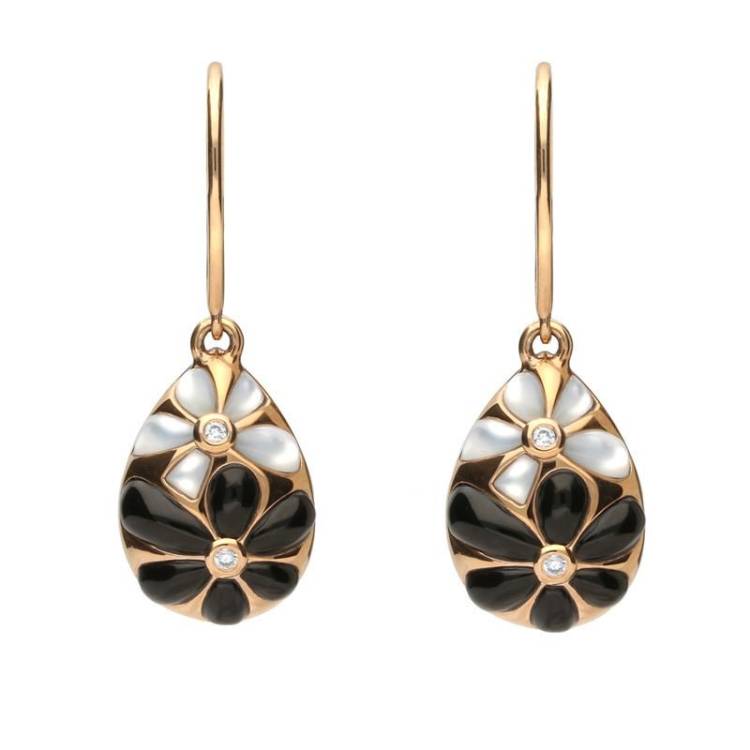 18ct Rose Gold Whitby Jet 0.02 Carat Diamond Mother of Pearl Drop Earrings - Option1 Value Rose Gold