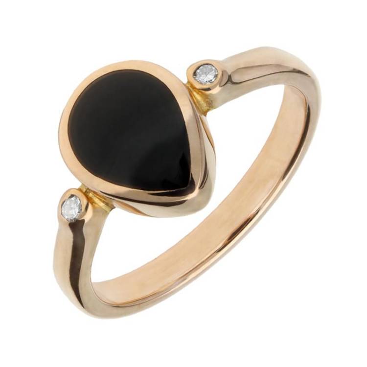 18ct Rose Gold Whitby Jet Diamond Pear Ring - Rose Gold