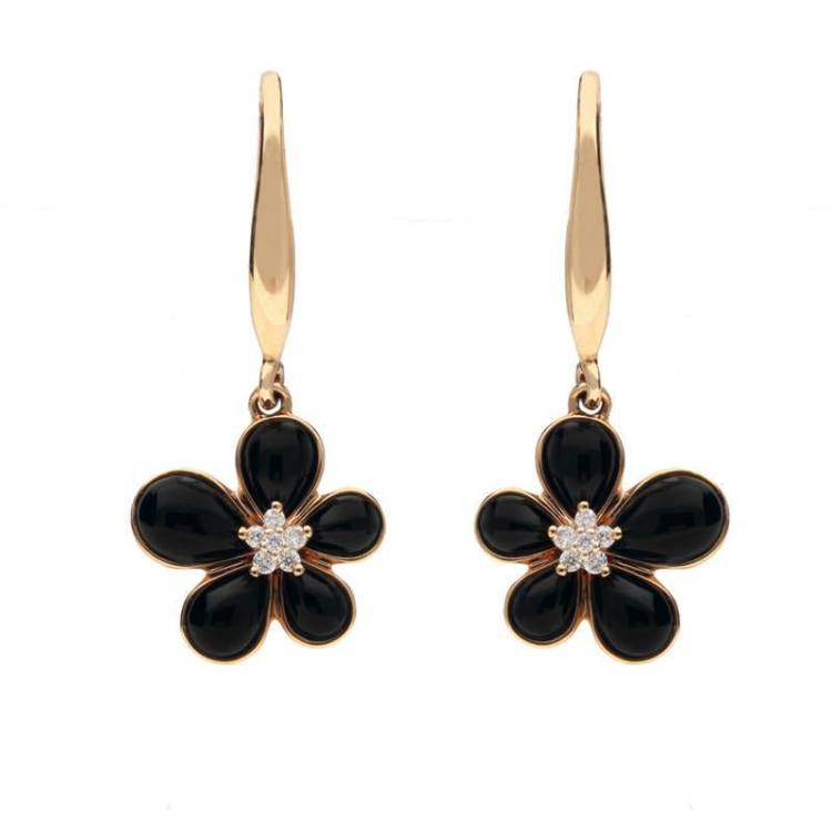 18ct Rose Gold Whitby Jet 0.05ct Diamond Flower Drop Earrings - Option1 Value Rose Gold