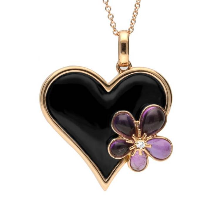 18ct Rose Gold Whitby Jet Diamond Amethyst Flower Heart Necklace - Option1 Value Rose Gold