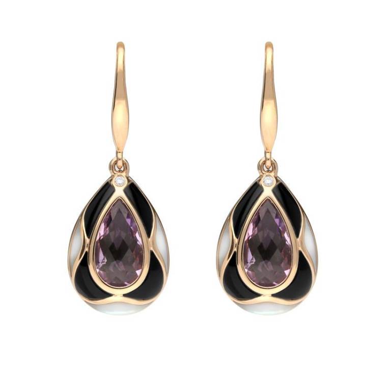 18ct Rose Gold Whitby Jet Diamond Amethyst Mother of Pearl Drop Earrings - Option1 Value Rose Gold