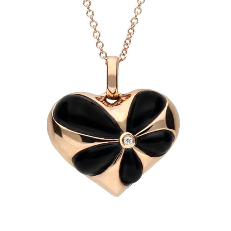 18ct Rose Gold Whitby Jet Diamond Flower Heart Necklace - Option1 Value Rose Gold