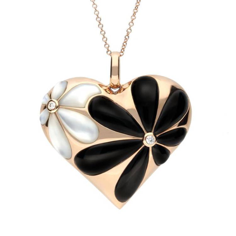 18ct Rose Gold Whitby Jet Diamond Large Flower Heart Necklace - Option1 Value Rose Gold