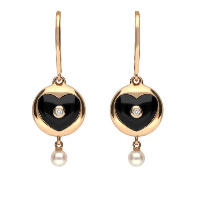 18ct Rose Gold Whitby Jet Diamond Pearl Heart Drop Earrings - Option1 Value Rose Gold