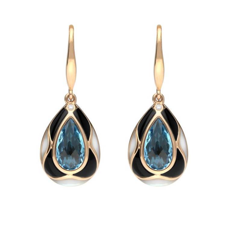 18ct Rose Gold Whitby Jet Diamond Topaz Mother of Pearl Drop Earrings - Option1 Value Rose Gold