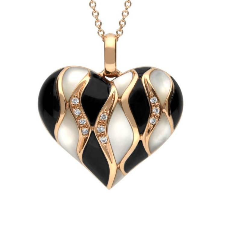 18ct Rose Gold Whitby Jet Mother of Pearl Diamond Wavy Heart Necklace - Option1 Value Rose Gold