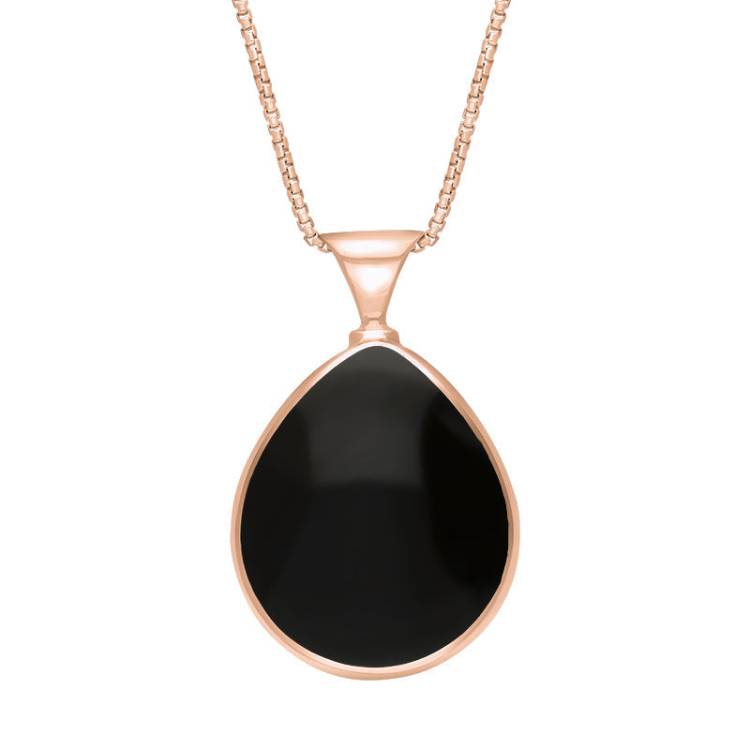 18ct Rose Gold Whitby Jet Mother of Pearl King's Coronation Hallmark Double Sided Pear-shaped Necklace