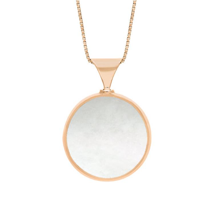 18ct Rose Gold Whitby Jet Mother of Pearl King's Coronation Hallmark Double Sided Round Necklace