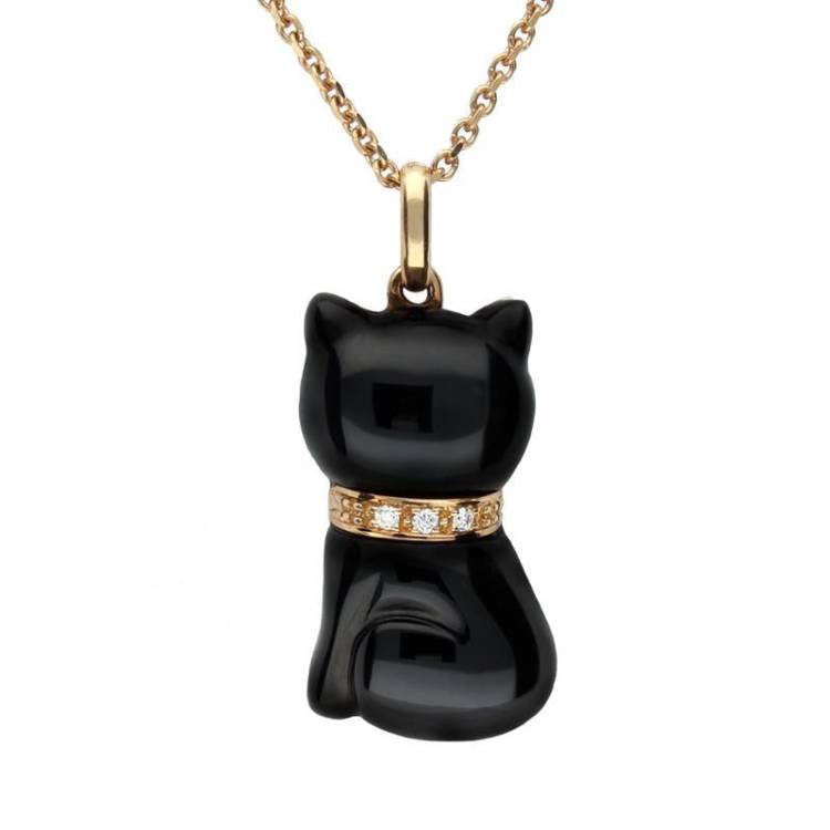 18ct Rose Gold Whitby Jet and Diamond Cat Small Necklace