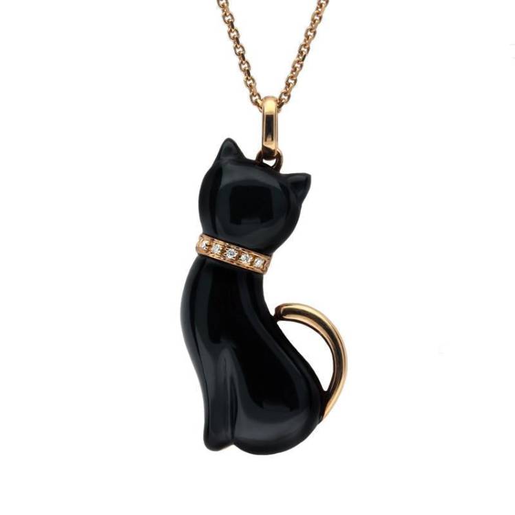 18ct Rose Gold Whitby Jet and Diamond Cat With Tail Large Necklace - Rose Gold