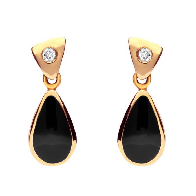 18ct Rose Gold Whitby Jet and Diamond Dinky Pear Drop Earrings - Yellow Gold