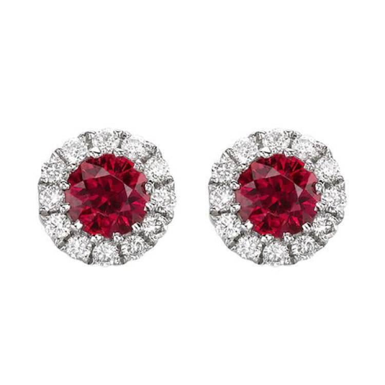 18ct White Gold 0.11ct Diamond Ruby Round Cluster Stud Earrings - Option1 Value White Gold