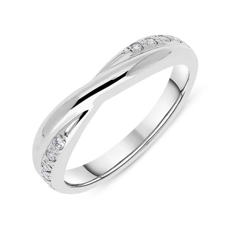 18ct White Gold 0.10ct Diamond 3mm Crossover Wedding Ring D - O