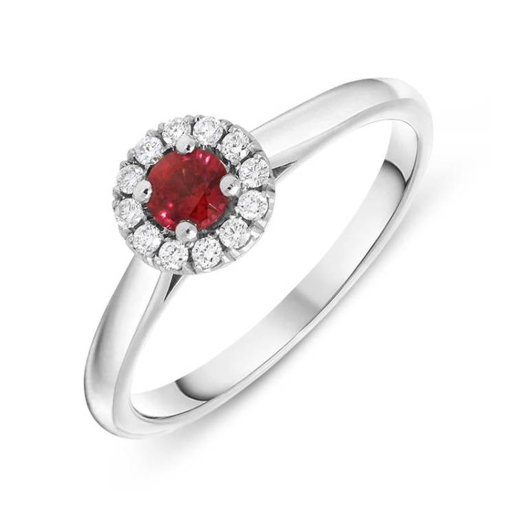18ct White Gold 0.22ct Ruby Diamond Halo Ring - N