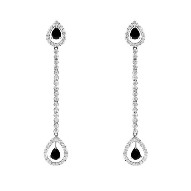 18ct White Gold 0.36ct Diamond Whitby Jet Long Drop Earrings - White Gold