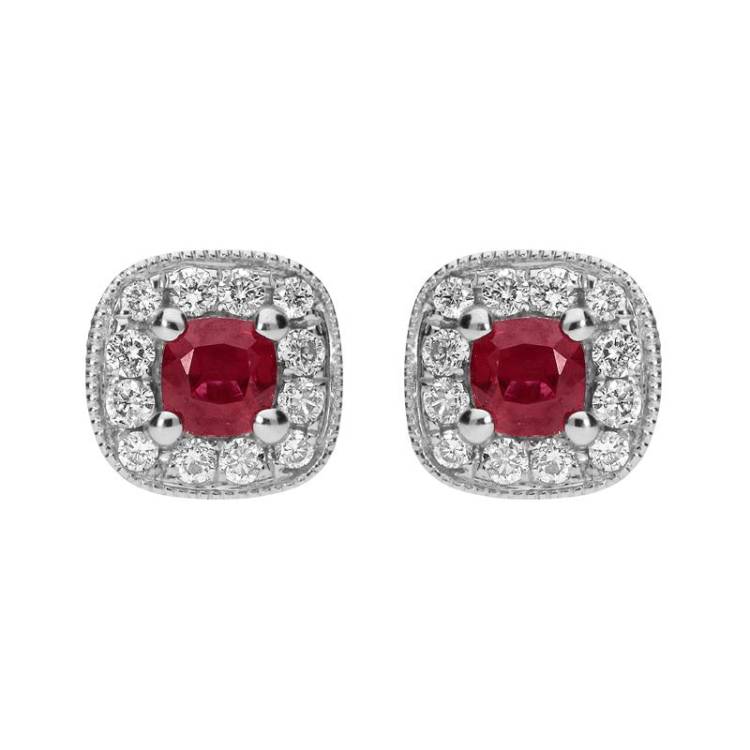 18ct White Gold 0.37ct Ruby and Diamond Cushion Stud Earrings - Option1 Value White Gold