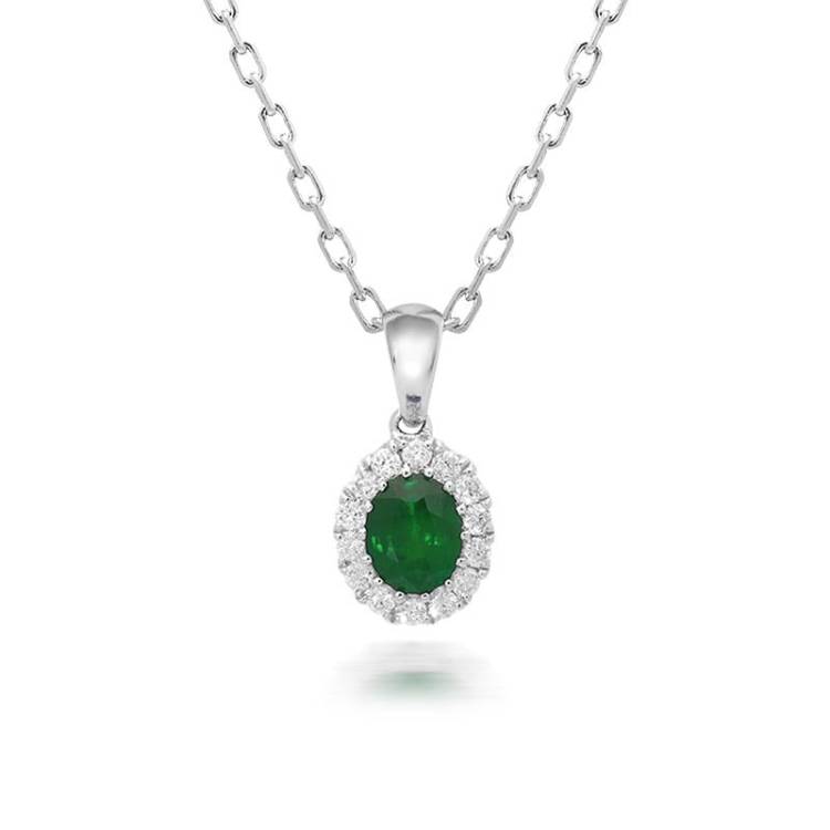 18ct White Gold 0.41ct Emerald and Diamond Oval Necklace - White Gold