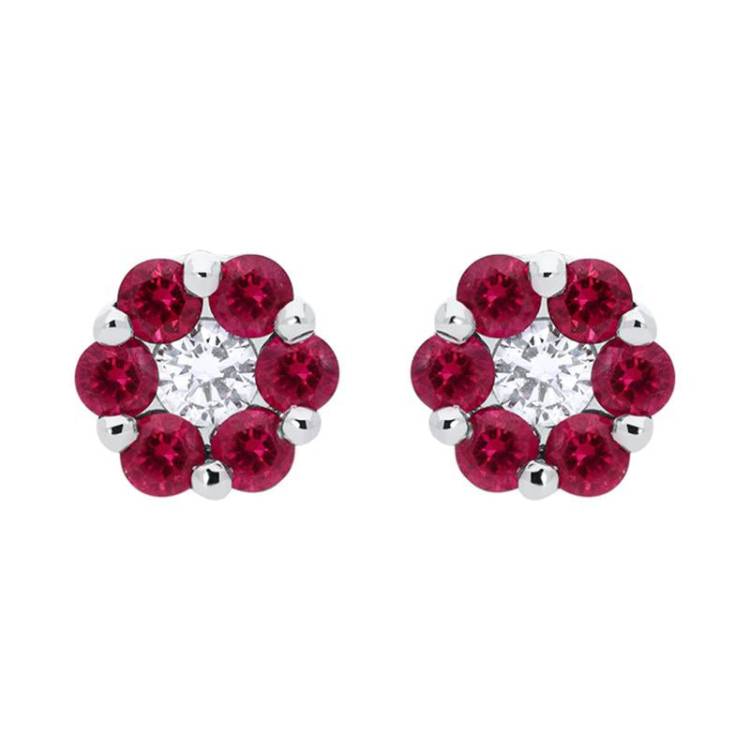 18ct White Gold 0.41ct Ruby Diamond Floral Cluster Earrings
