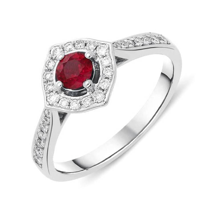 18ct White Gold 0.41ct Ruby Diamond Round Cut Cluster Ring - M