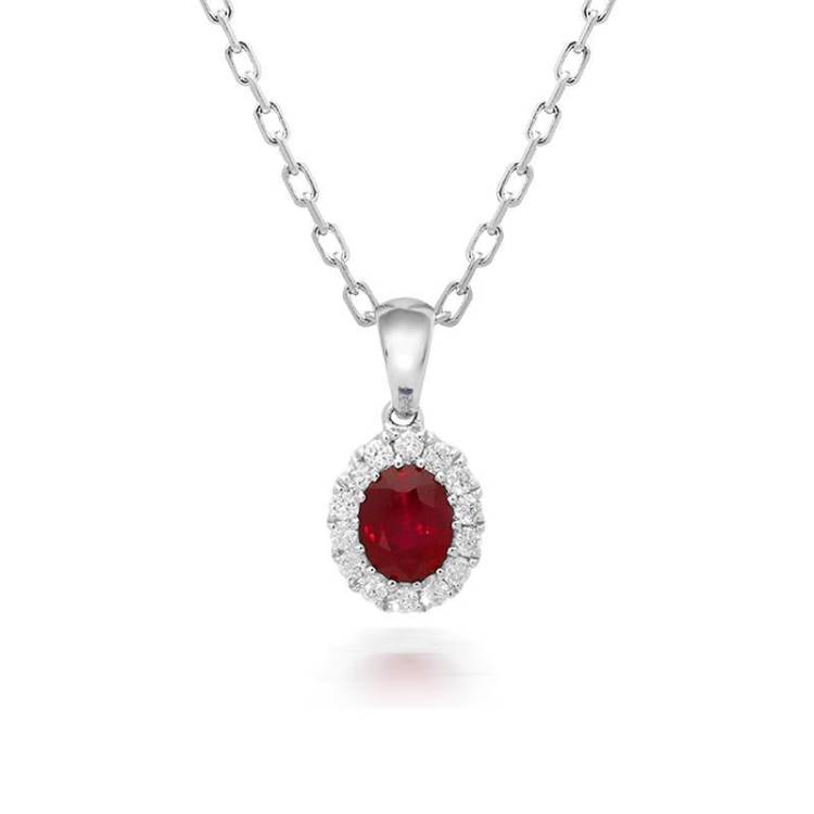 18ct White Gold 0.45ct Ruby Diamond Oval Cluster Necklace - Option1 Value White Gold