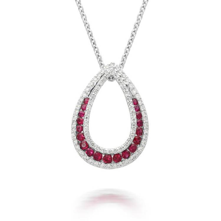 18ct White Gold 0.48ct Ruby Diamond Open Teardrop Necklace - White Gold