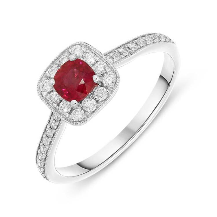 18ct White Gold 0.49ct Ruby Diamond Cushion Ring - White Gold