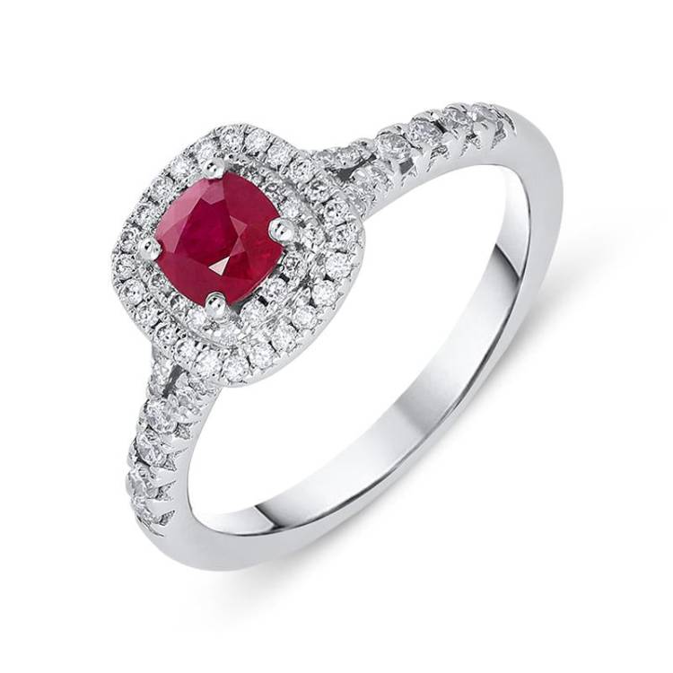 18ct White Gold 0.54ct Ruby Diamond Cushion Cut Ring - N