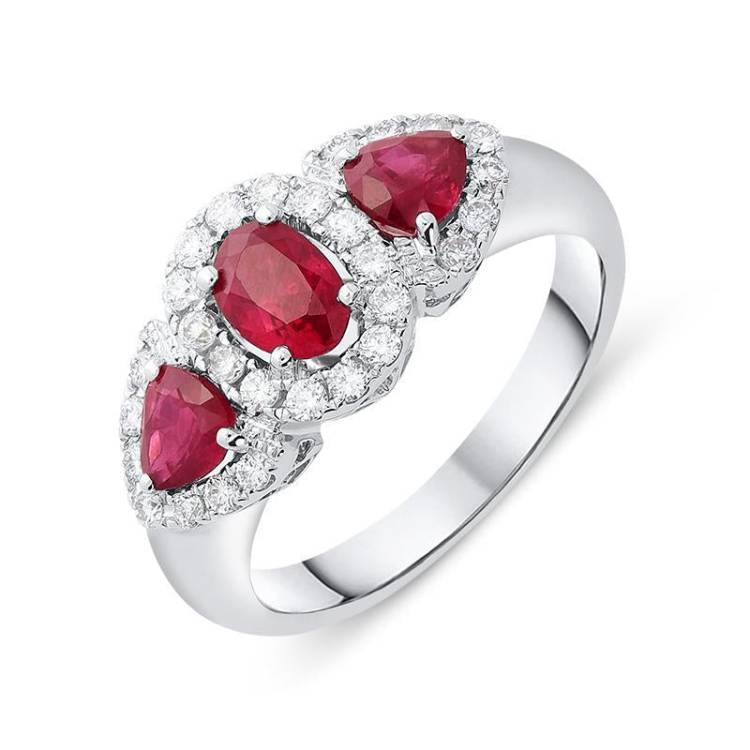 18ct White Gold 0.55ct Ruby Diamond Cluster Trilogy Ring - Option1 Value White Gold