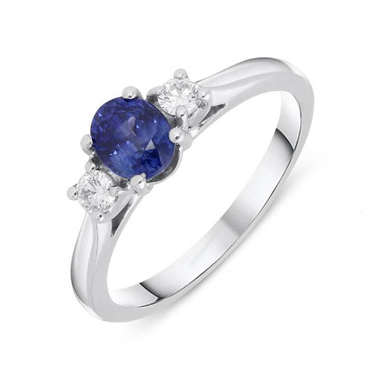 18ct White Gold 0.55ct Sapphire Diamond Oval Cut Trilogy Ring - White Gold
