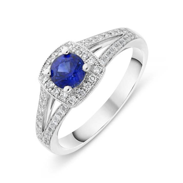 18ct White Gold 0.57ct Sapphire Diamond Milgrain Cluster Ring - L