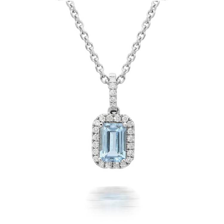 18ct White Gold 0.58ct Aquamarine Diamond Cluster Necklace - Option1 Value White Gold