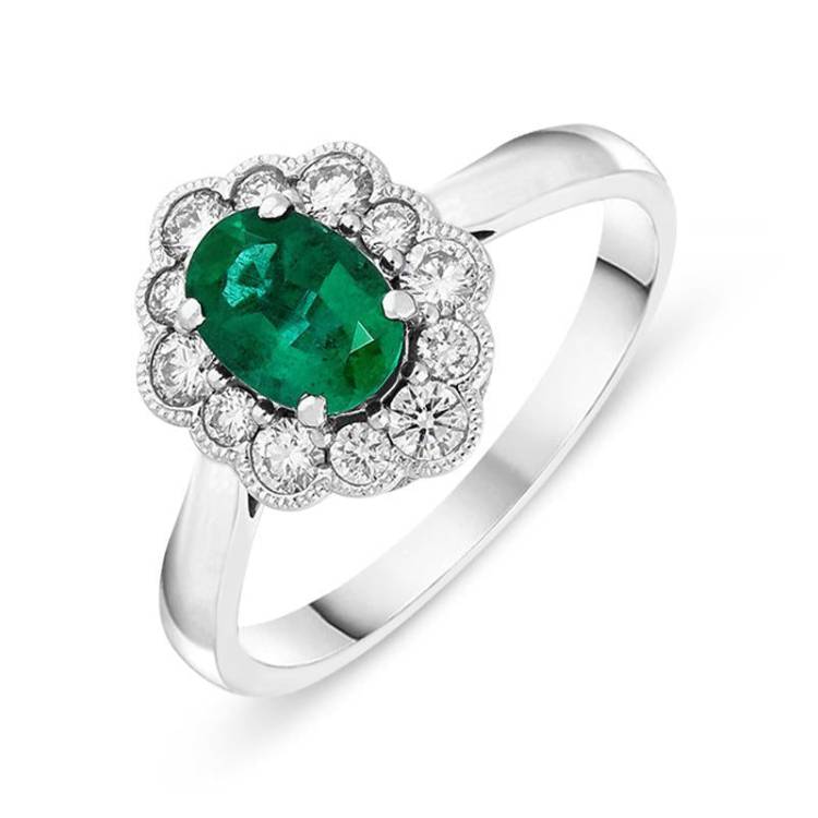 18ct White Gold 0.66ct Emerald and Diamond Cluster Ring - Option1 Value White Gold